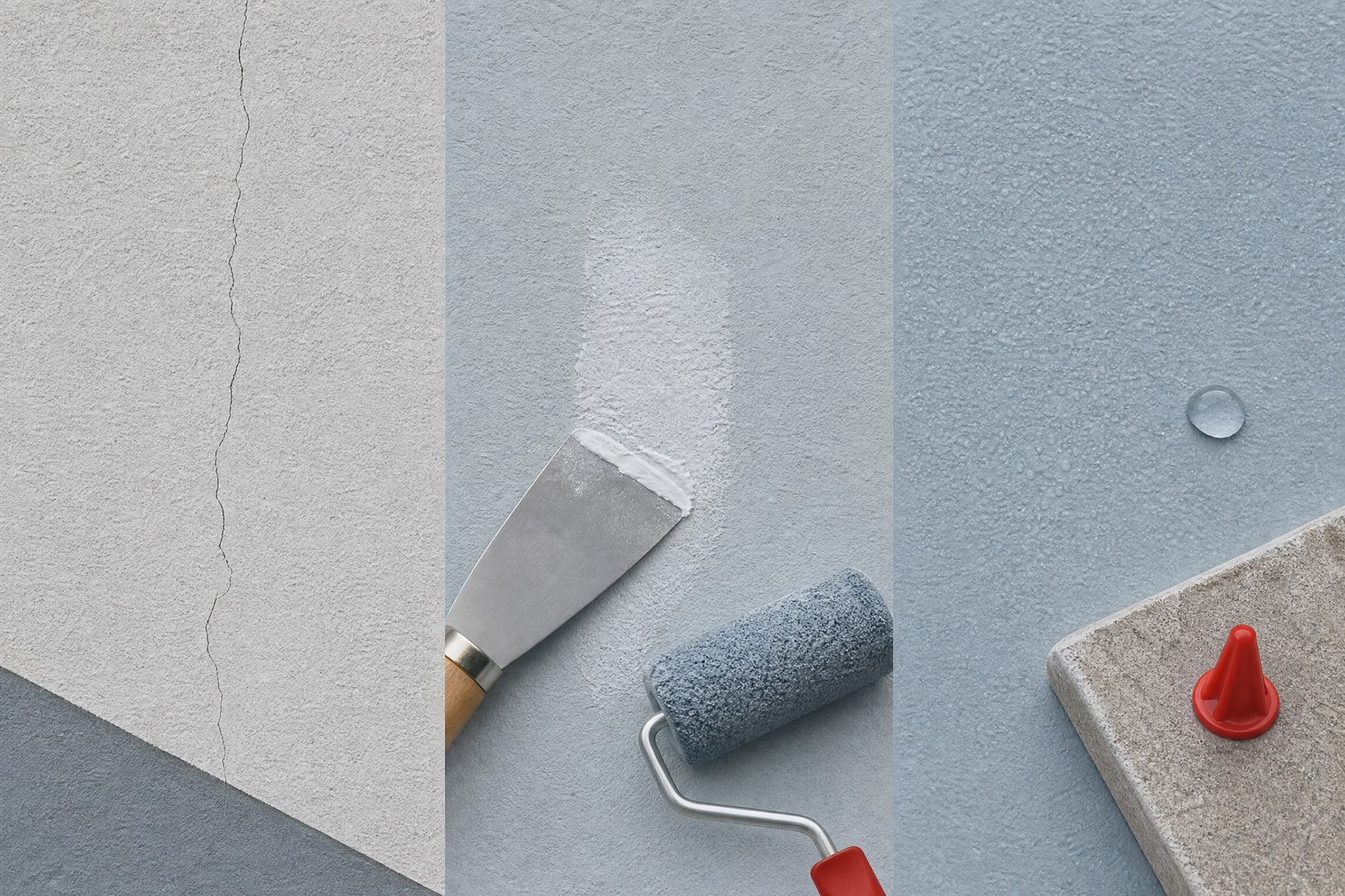Visuelle Übersicht von Fassadenprüfung, Rissreparatur und schützender Beschichtung