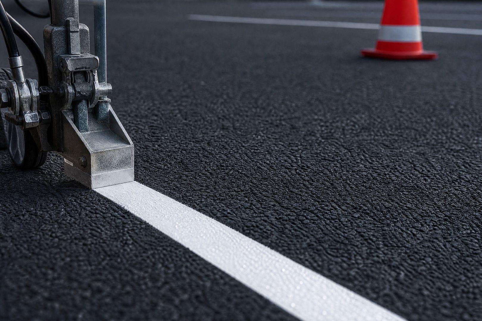 Präzise weiße Markierungslinie auf Asphalt mit professionellem Markiergerät