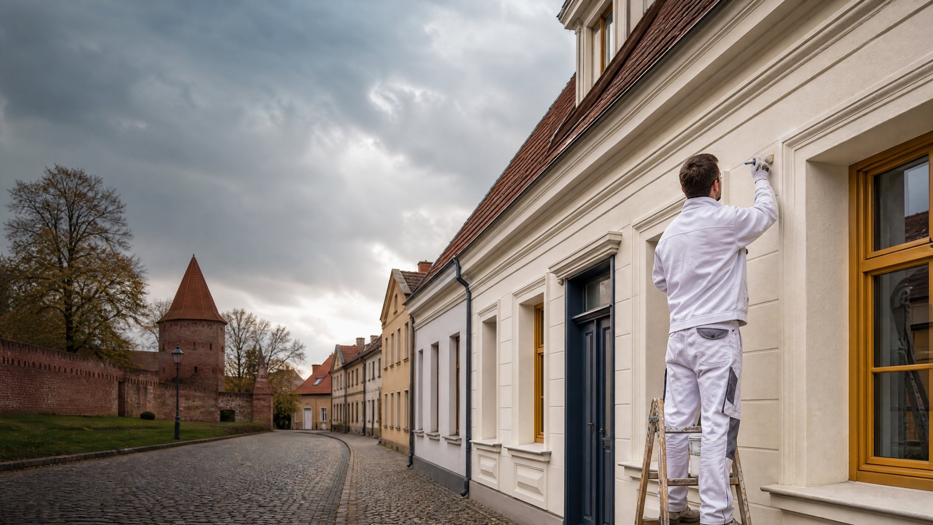 Maler bei der sorgfältigen Fassadenrenovierung eines Hauses in Altlandsberg