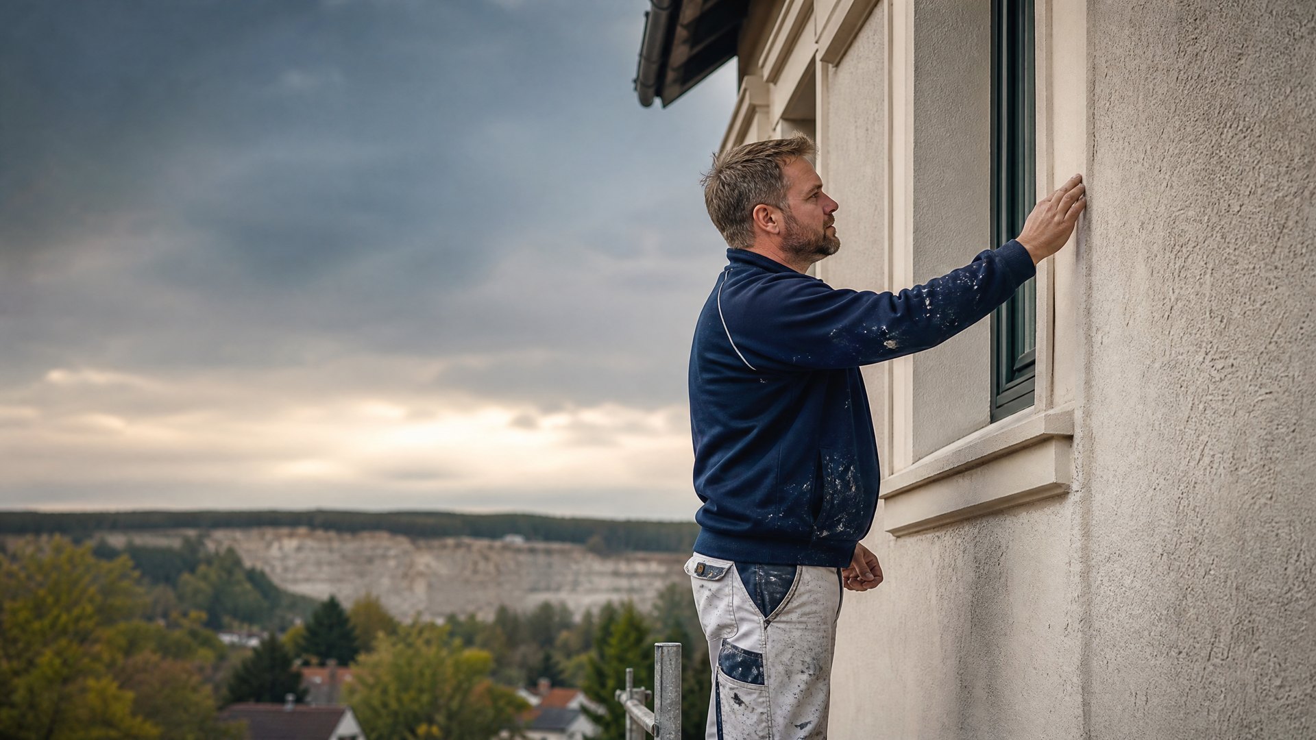 Maler prüft und beschichtet eine mineralische Putzfassade in Rüdersdorf bei Berlin